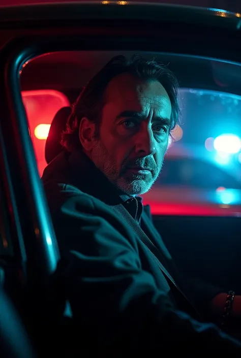 Nicolas Cage sits in the back of a patrol car, his wrists bound by cold steel handcuffs. The flashing red and blue lights outside cast eerie shadows through the barred windows, reflecting off his hollow eyes. His breath is shaky, fogging the glass as he st...