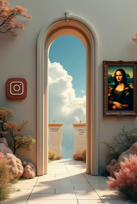 I created an image at the entrance of a paradise on the left side entrance wall is sculpted the logo of the Instagram application and on the right side wall a painting of a woman like the Mona Lisa,  In the background in the clouds you can see 02 scrolls w...