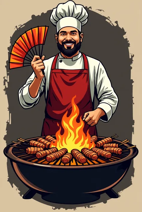 Make a business logo the name of it is Grillkada BBQ and it has a afron that hold a fan and make a grill in front and add a BBQ with sticks in the griller