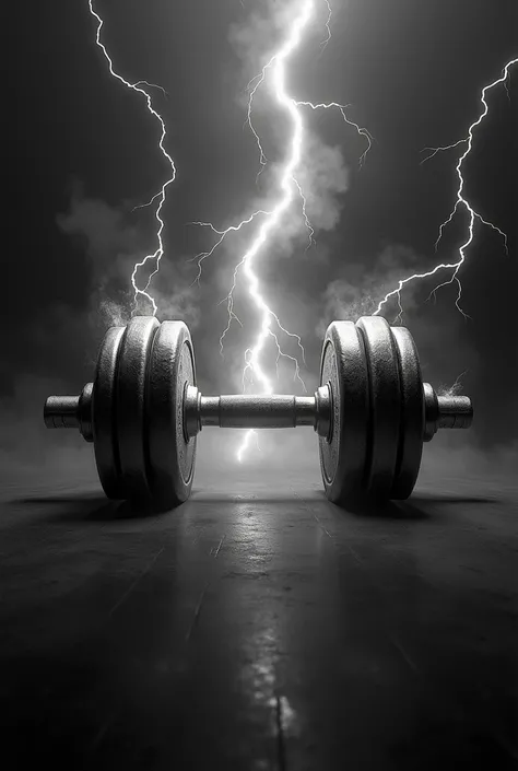 Generates a black and white dumbbell with realistic electricity rays and background 