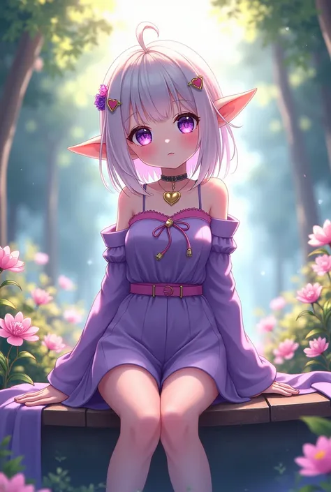 An anime-style fantasy girl with pale white hair and large purple eyes, sitting gracefully in a garden full of colorful flowers. She is wearing a stylish purple outfit with heart-shaped accessories, and her elf-like ears are adorned with decorative hairpin...