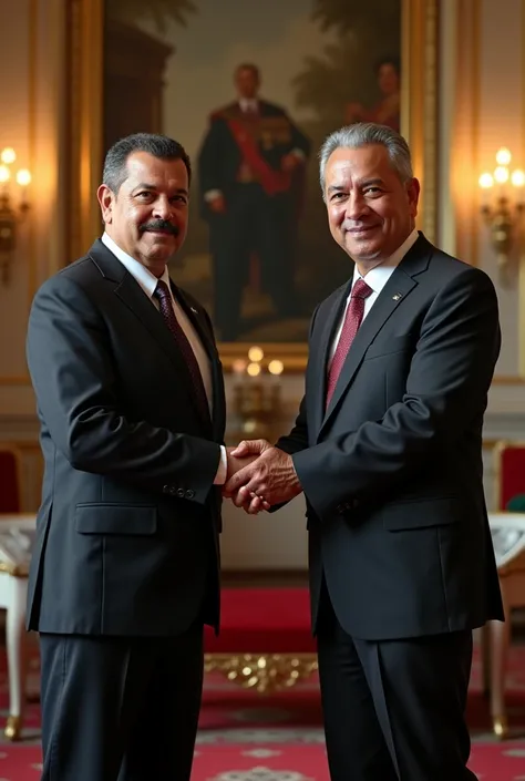 Create an image where Hugo Chavez and Carlos Andres Perez are shaking hands, looking to the camera, ultra realistic, 4K quality, detailed, presidential house fund, former presidents of Venezuela 