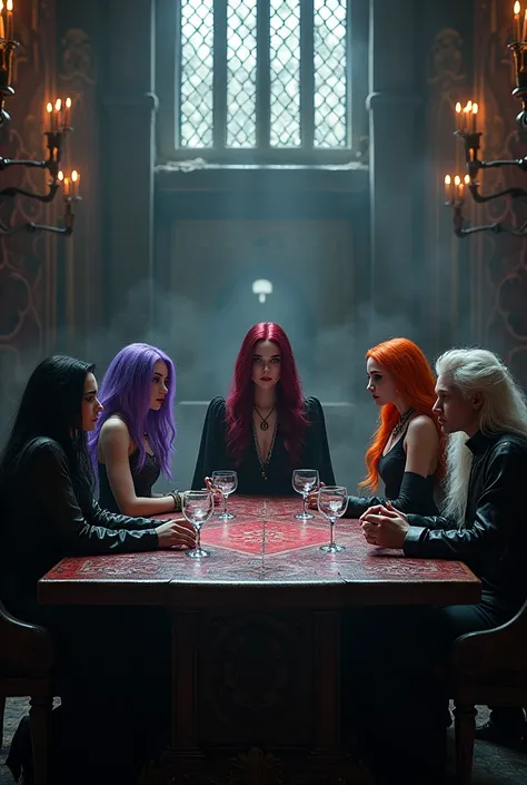 I need you to generate an image of 6 people gathered around a large table in a castle, The first one must be a beautiful black-haired woman with black eyes and purple irises, The second one must be a woman with purple hair, black eyes and violet irises, Th...