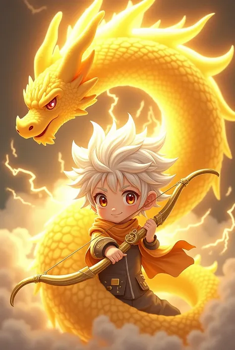 cute boy anime character is surrounded by a yellow dragon wrapping around his entire body. He holds a beautiful golden bow and has white hair. Yellow lightning strikes around him, and he wears a slightly playful expression. His head and upper body are emph...