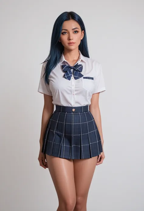 score_9,score_8_up,score_7_up, a stylish blue-haired woman, wearing skimpy school uniform, the lighting is soft, clothes details...