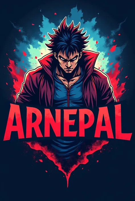 Logo of ARNEPAL
1.background blue and red mix
2.gorkha anime male caractor
3.ARNEPAL font with red edge and blue center
4.dangrous look
5.all letters of font is capital