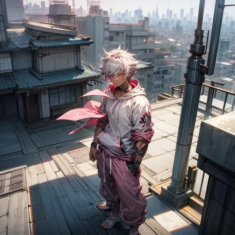 1male, young adult, dark skin, finely detailed pink eyes, wild medium hair, grey hair color, hoodie, baggy pants, standing on building, day time, tokyo city, calm expression, muscular, tattoos, knealing on rooftop