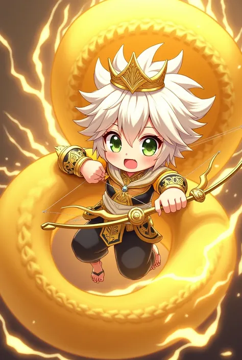 cute boy anime character is surrounded by a yellow dragon wrapping around his entire body. He holds a beautiful golden bow and has white hair. Yellow lightning strikes around him, and he wears a slightly playful expression. His head and upper body are emph...