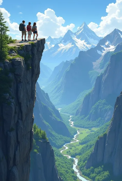 Group of friends on mountain cliff realistic image 
