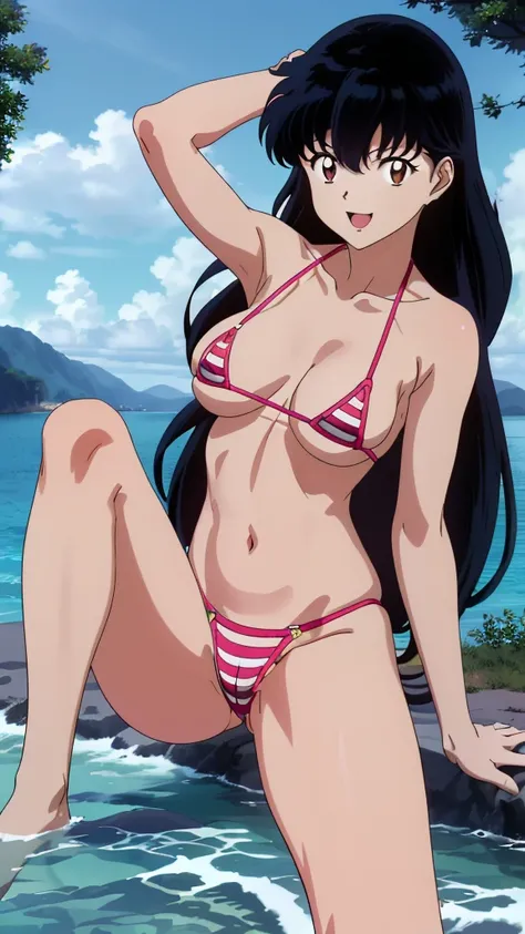 (masterpiece, 4K, Highest quality, anime style: 1.9, Detailed face, cute, Ocean,bold, High resolution, anime, Lake 4. alone, Curvaceous, Very slim belly, Cowboy Shot, 1 girl,,(Micro bikini with pink stripes),,smile,Please open your mouth wide,View your vie...