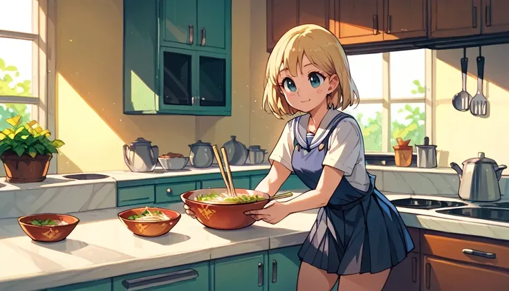 ((1girls:1.3)), ((cowboy shot:1.3)), ((schoolgirl:1.3)), ((kitchen:1.3)), ((instant ramen:1.3)), ((perfect face)), ((extremely c...