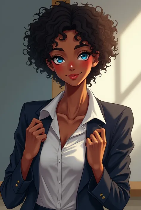 women, milf, very dark brown skin, short curly hair, (blue eyes),blonde, reddish cheeks, big mom,smiling, (masterpiece), Best Quality, High resolution, school wallpaper, perfect lighting, slim, (perfect hands, perfect anatomy), human, call the gym,  alone