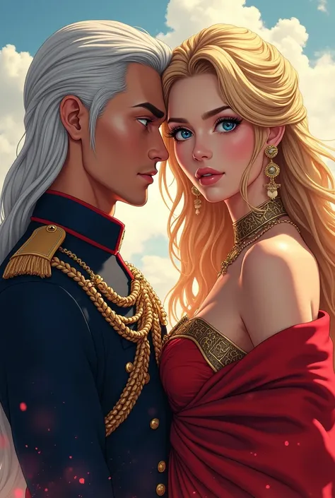 Wattpad Cover Dedicated to Novel by Impossibly Beautiful Young Femme Fatale, Incredibly beautiful blonde, Princess of Venus and General of the Earth Army, At all, Beautiful, stately, masculine mature man with long straight platinum hair. anime style.