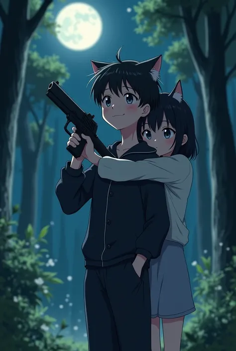 An anime of a teenage boy with a gun in his hand wearing black cat pajamas smiling looking at the moon at night in the forest with another hugging him from behind 