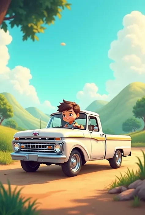  1965 Ford Pickup Truck White, 15 sport rims, silver color and dark brown  boy animated cartoon
