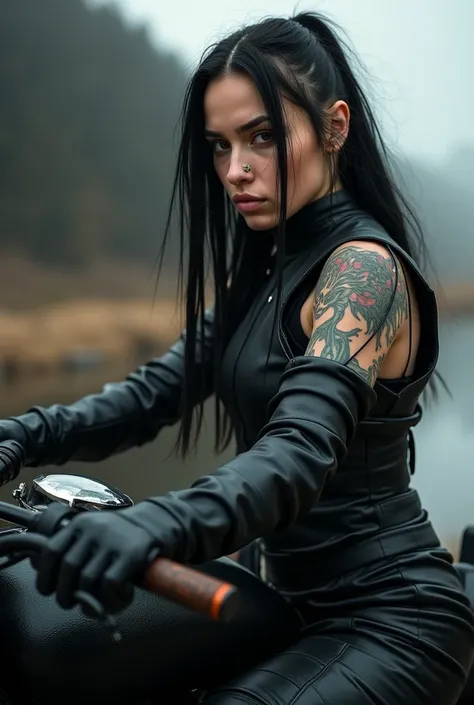 A tattooed girl in Nordic style on a motorcycle, dressed in black with boots and nose piercings