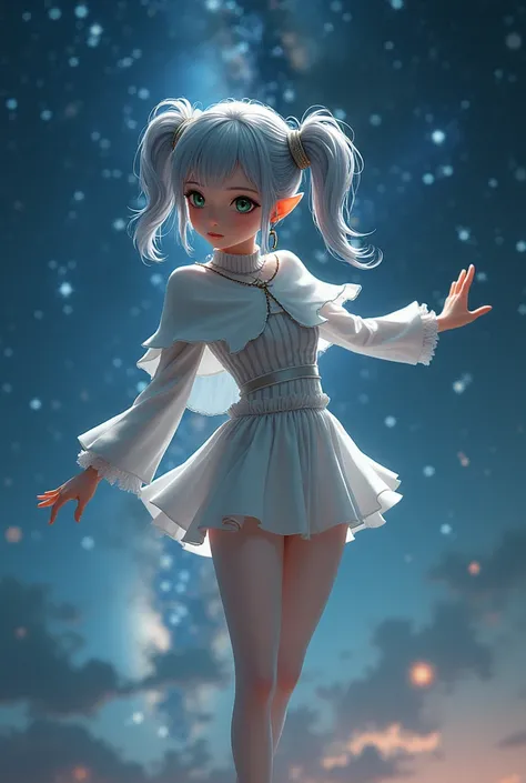 acrobatic pose,One Girl,alone,Fairy,Gray Hair, Grey Hair, Earrings, Pointy Ears, Long Hair, ponytail, Green Eyes, Twin tails, Parted bangs, Thick eyebrows, Capelet with collar, White capelet, Striped shirt, Long sleeve,Striped, White Skirt,Torn pantyhose, ...