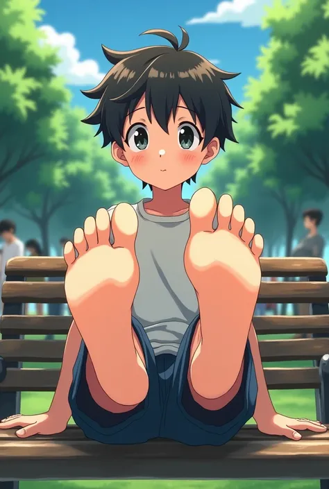 Anime boy sitting on a bench with his bare soles up