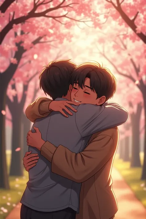 BTS Jimin giving a hug in a cherry blossom park on a magical afternoon 