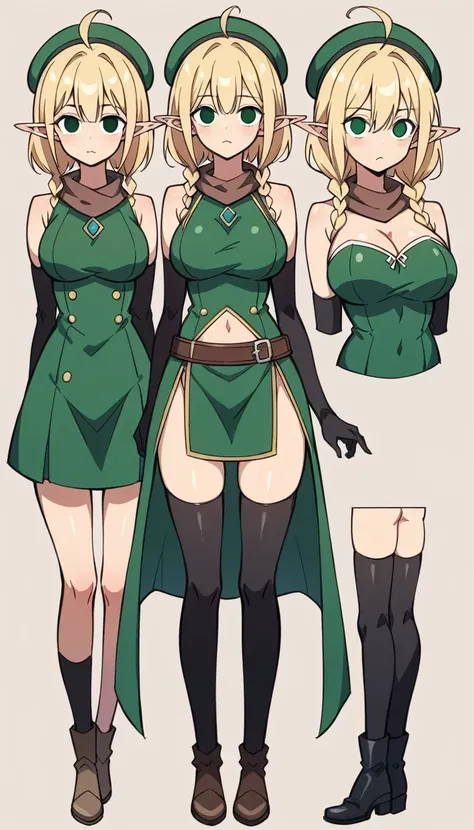 Parisienne、Elf、1 female、women only、short hair、twin braids、ahoge、blonde、(thin)、Big Breasts、Tall、empty eyes、black eye、Black elbow gloves、((black thigh highs))、Small black beret、Brown scarf、Green dress、Brown boots、((full body))、whole body、Are standing、thin太もも...