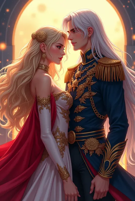 Wattpad Cover Dedicated to Novel by Impossibly handsome Young Femme Fatale, Incredibly beautiful blonde, Princess of Venus and General of the Army of Earth, A very, handsome, majestic, courageous mature man with long straight platinum hair. Anime Style.