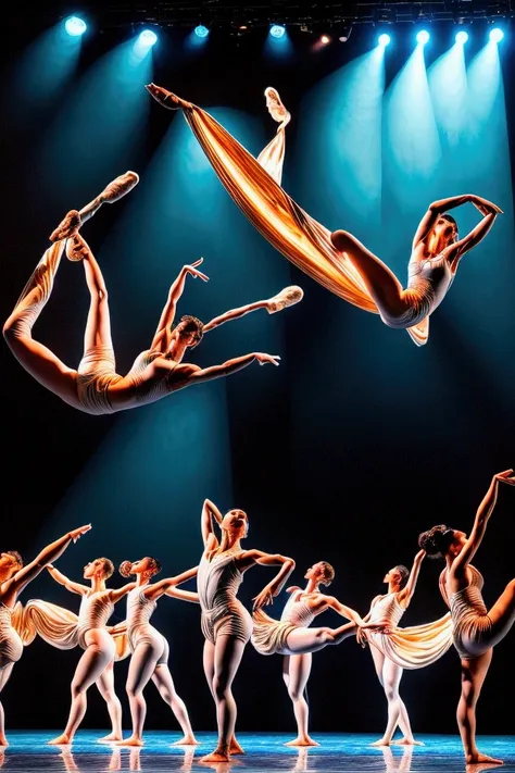 a group of dancers performing under stage lights, with motion blur capturing their fluid movements