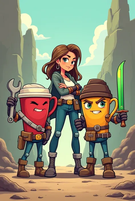 a cartoon illustration of three anthropomorphic coffee cups in hero positions, the one on the right holding a green sword, the one on the left has a wrench and the one in the middle has her arms crossed 