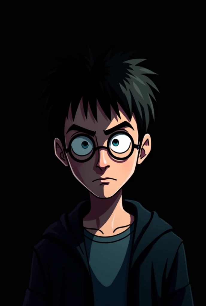 Harry potter face cartoonized, left side is shadowed, in a scary dark place, poker face, and the face should cover the entirety of the image
