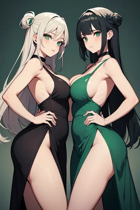 A pair of twins with big breasts and big asses dressed in dresses with a slit in the middle of the chest, the one on the left has a green dress with a small cut on one side to show her leg, the one in the middle is wearing a gray dress with a cut on the si...