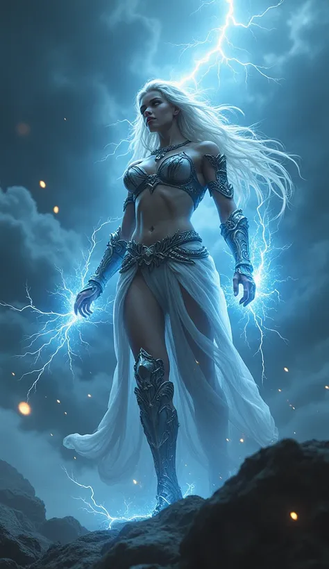 Goddess of Thunder, Lightning strikes from the sky, Aura of electricity, ((masterpiece, best quality, Best image quality, high resolution, realistic, RAW photos, 8k, Highly detailed CG synthesis 8k wallpaper)), (Huge And Stunning Goddess Shot, very hot and...