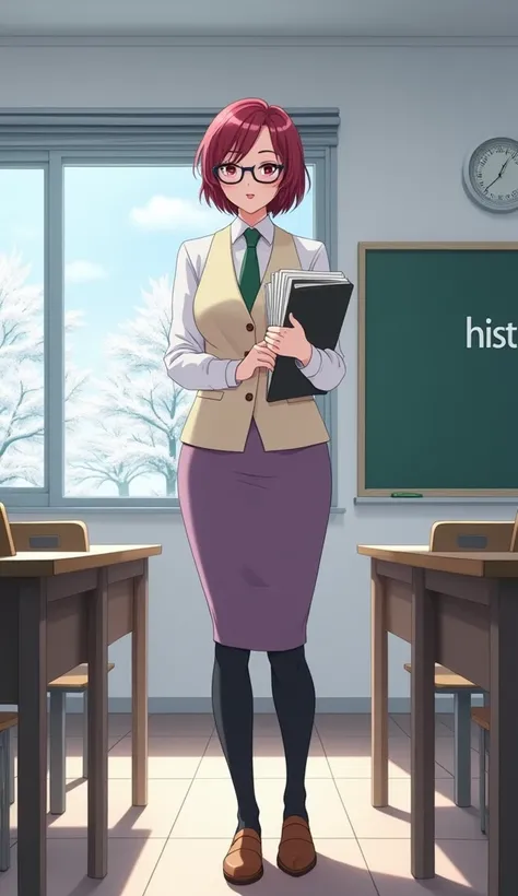 An anime woman, bing style image, From-E 3, 4, standing in front of the classroom with a few students, It is written on the blackboard "history", third floor, white school, such, The snow-covered treetops are reflected in the windows in the morning (entire...