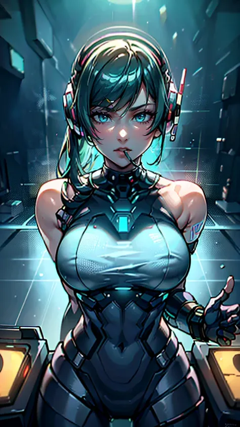 ((​masterpiece)).dj. a dj. high qualities . cyber-punk.  Futuristic cena.  from above view, precise, detail, Textured skin, best qualityer, breasts big, gaping mouth, earphone, defocused, Lens flare, Chromatic aberration, External shine, Ray tracing, アニメ, ...