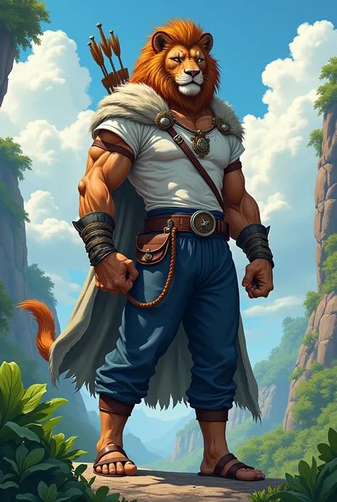 Anthropomorphic Lion, Scars, leather sandals, navy blue pants, white t-shirt, morion steel helmet,sheathed sword, fox fur cape, number quinatzin hernandez, meztizo indigenous chichimeca and spanish, HD, 8k, anime, standing on a rock, with lettuce around, w...