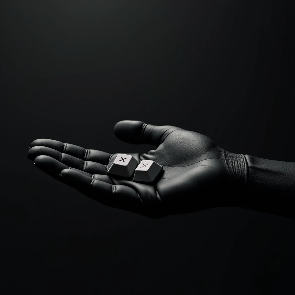 background of the image with black leather texture a human palm facing the screen horizontally as if someone was handing you something inside the hand two keyboard keys: the Ctrl key and also the X key