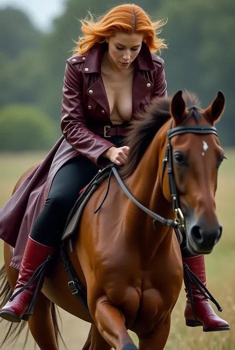 A ginger girl in maroon leather trench coat that falls below her knees and black pants red long boot with her head on the shoulders of her shy naked brunette girlfriend while riding  a horse, hands on the waist, taking a sensual realistic photo while the h...