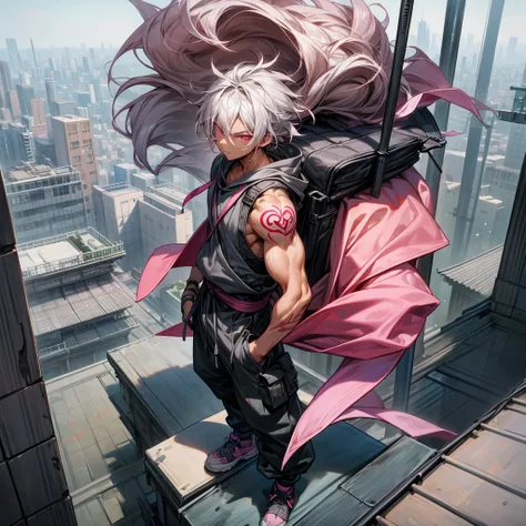 1male, young adult, dark skin, finely detailed pink eyes, wild medium hair, grey hair color, baggy hoodie, baggy combat pants, standing on building, day time, tokyo city, calm expression, muscular, tattoos, standing on rooftop, hiker backpack, ninja shoes