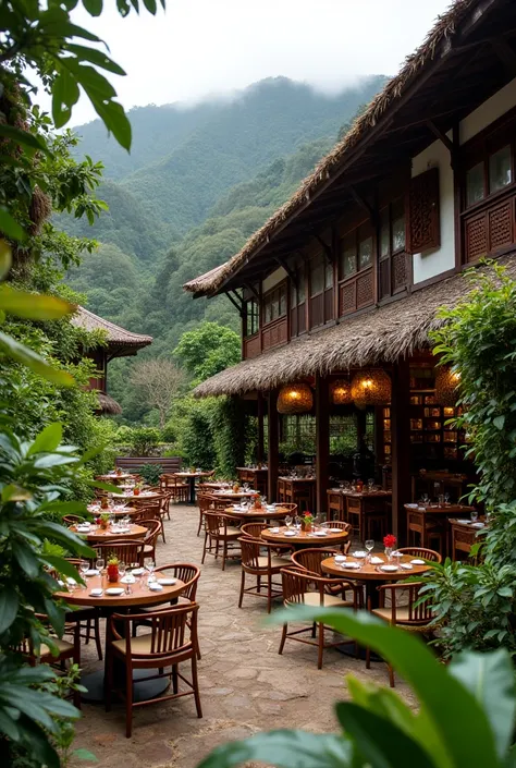 Asian restaurant outside in Monteverde, Costa Rica in the cloud forest mountains restaurant without tables outside with a cooking griddle with Costa Rican architecture 


