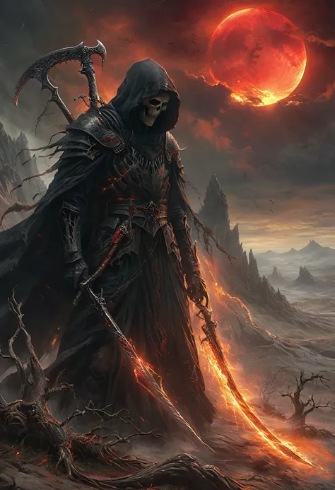 dark, atmospheric image of a towering, hooded figure resembling the grim reaper. the figure is cloaked in a flowing, black robe,...