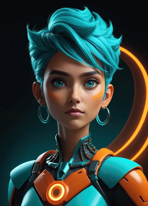 Create a character that represents the Internet and television with turquoise and orange colors in 4K quality