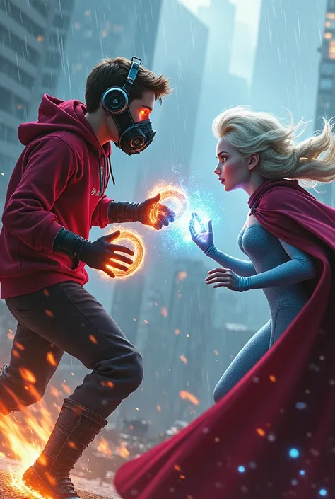 Kid Star-lord with red hoodie, headphones, star-lord helmet, gas helmet, covered mouth, round red eyes, Red eyes, magic rings in the hands and rocket boots, Vs. Elsa (Frozen) , Fighting, power, fiction, full body, 3 person, magic lasso, hight, fall, fire i...