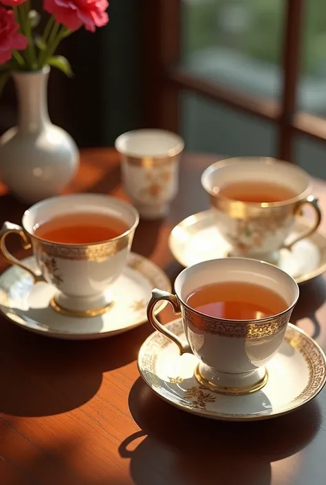 (photorealism:1.2), three cups of tea on a table from a high point of view