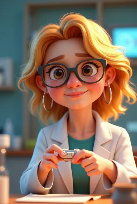 Disney Pixar style cartoon woman with honey colored hair with blonde highlights,  brown eyes with glasses, tender, Bella, biochemistry, making a funny face and puffing out his cheeks while handling a self-analysis device