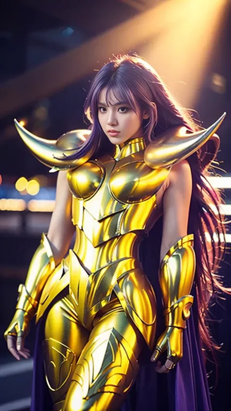 extra high color saturation (masterpiece) full body photograph (best quality) (1 female) purple hair, shiny golden armor, sexy l...