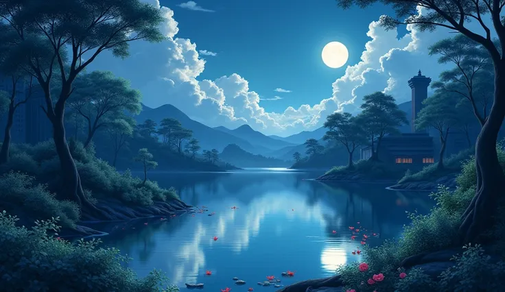 A calming landscape, moon明かり,animeスカイ, in Xin Haichengのスタイル, moon. anime, Xin Haichengのスタイル, Xin Haicheng!, Beautiful Landscape, based on Makoto Shinkai, anime風景壁紙, Xin Haicheng!!, Xin Haichengのアートスタイル