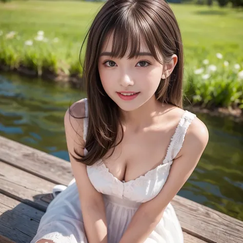 laughing out loud，knee shot, The background is the lake，dress，1 female, light brown hair, blunt bangs, hair behind ears, Shoulder-length hair, long hair, Slender body type, 超face slimming型, face slimming, delicate lips, beautiful eyes, Thin blush, Eyes are...