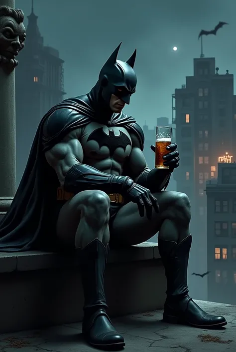 Create an illustration using Batman drinking a beer