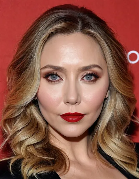 A waist-up portrait of a beautiful female whose facial features are a combination of Elizabeth Olsen + Christina Applegate. The female has lovely makeup on her face. The female wears red lipstick. Symmetrical eyes. Symmetrical face. Lovely details. Photore...