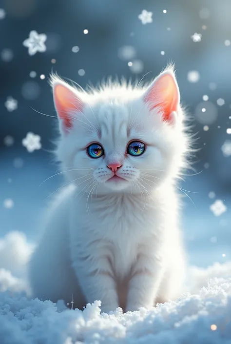 A cute white cat buried in beautiful snowflakes　Her eyes are a light rainbow color, Sparkling rainbow colors.　Magical beauty