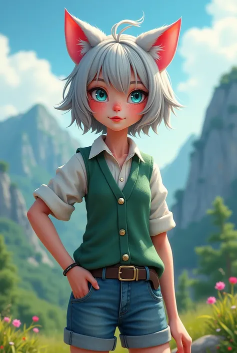 ((Best Quality)), ((masterpiece)), (detailed), (original), (realist), mayor, girl short ash-colored hair pink tips, cat ears, light cyan blue eyes, splattered nose, shy extroverted, crimson lips, freckled, pink cheeks, blushing, White shirt, green wool ves...