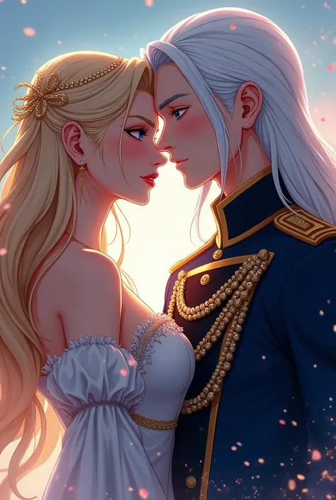 Wattpad Cover Dedicated to Novel by Impossibly Beautiful Young Femme Fatale, Incredibly beautiful blonde, The Princess of Venus and the General of the Earth Army, At all, Beautiful, majestic, masculine mature man with long straight platinum hair. anime sty...